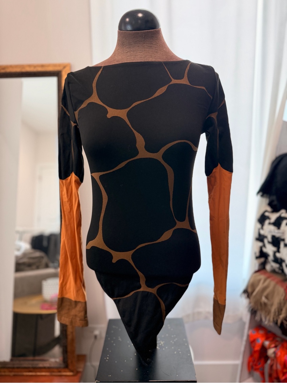 Wolford Black Bodysuit with Brown Organic Print and Rust Sleeve Panels